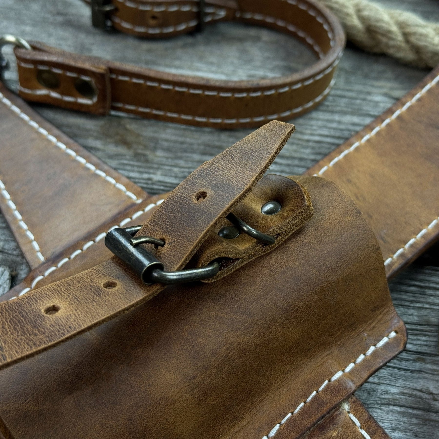 Leather Axe Case with Adjustable Straps detail view by Sharky Forged Steel Tools