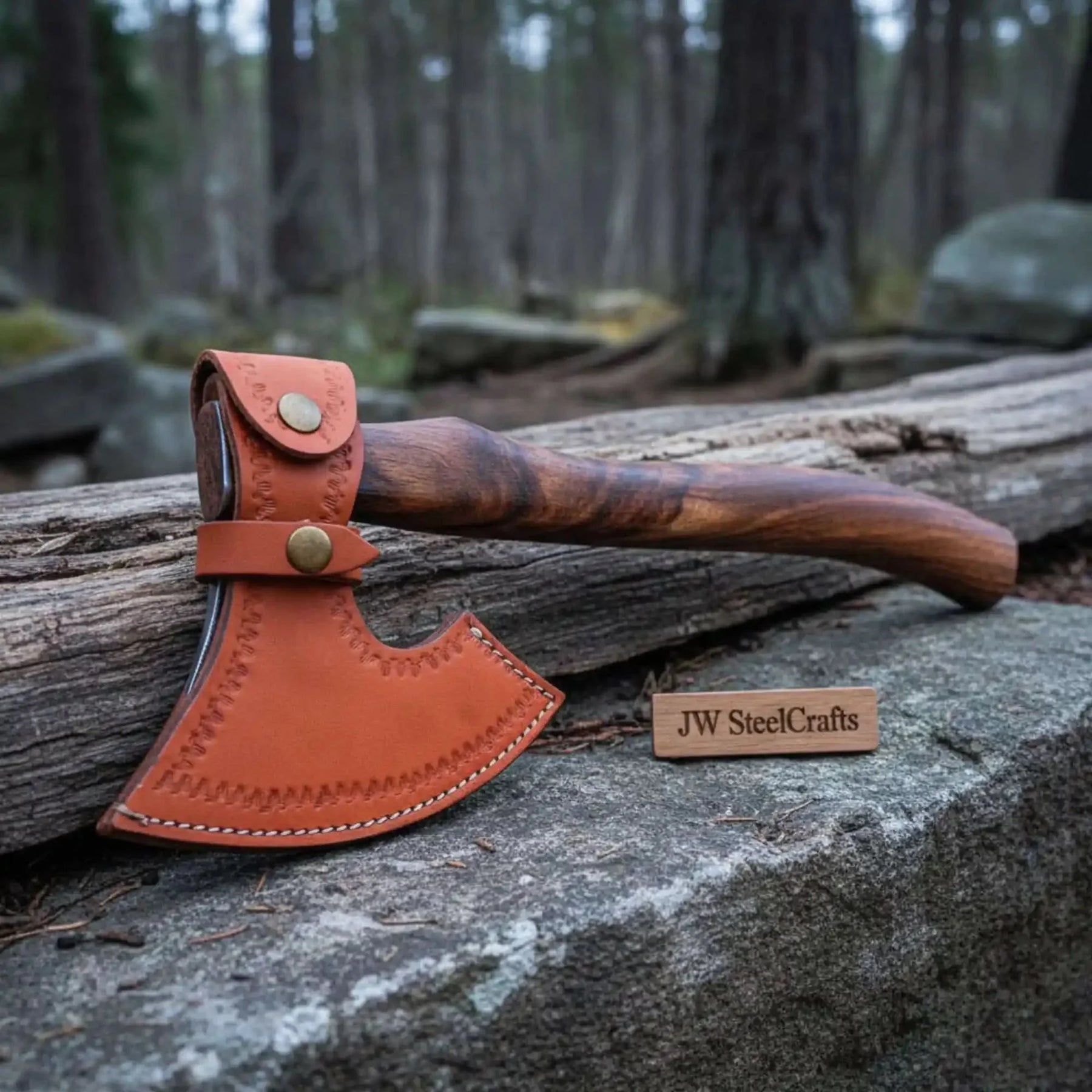 Traditional Norse Bearded War Axe (Skeggøx) featuring Damascus Steel Head, Solid Wood Handle, Sheath Included by JW SteelCrafts, leather knife sheath detail photo 3