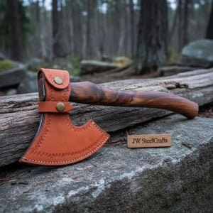 Traditional Norse Bearded War Axe (Skeggøx) featuring Damascus Steel Head, Solid Wood Handle, Sheath Included by JW SteelCrafts, leather knife sheath detail photo 3