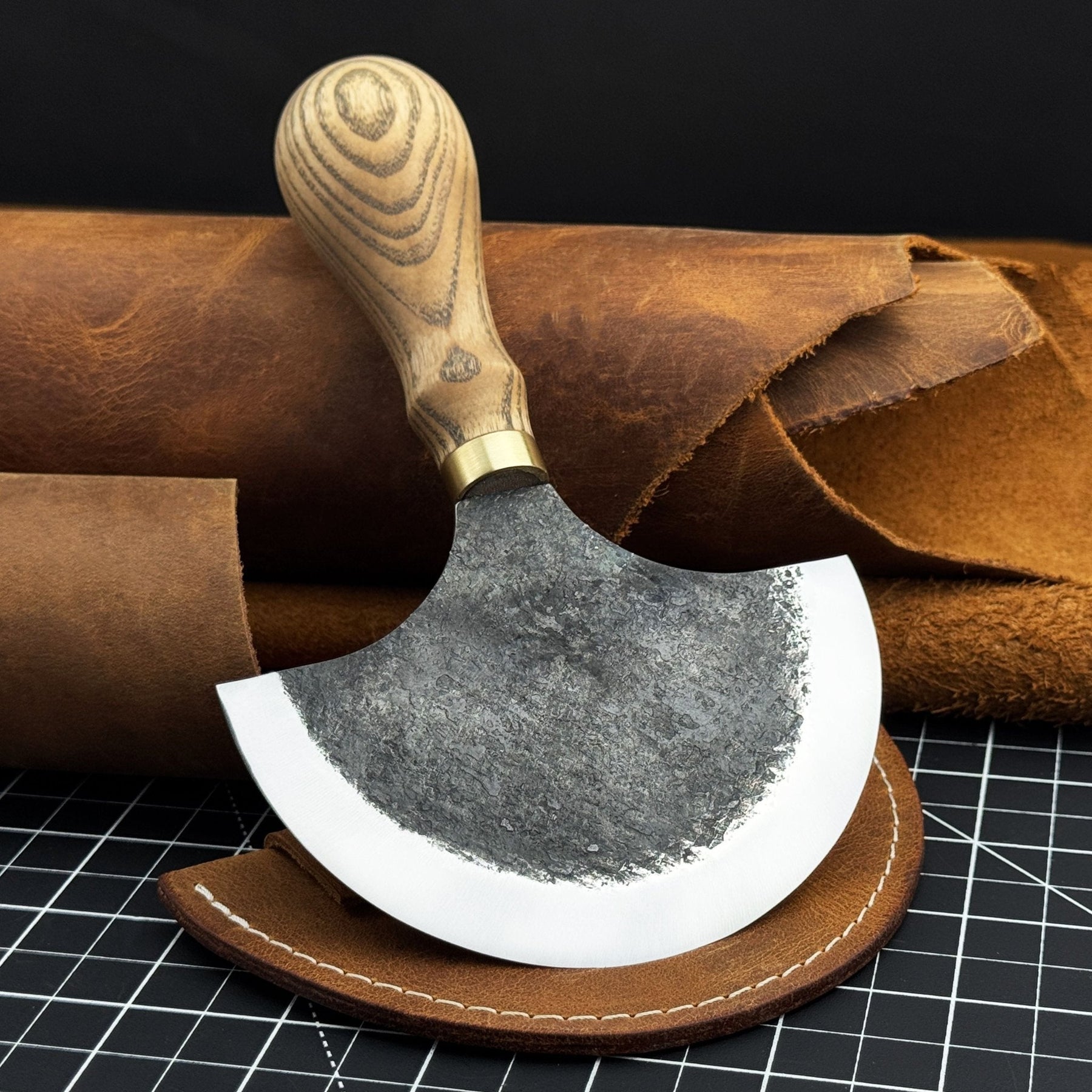 Leather Round (Half Moon) Knife, 10.5 cm (4.1 inches) by Sharky Forged Steel Tools