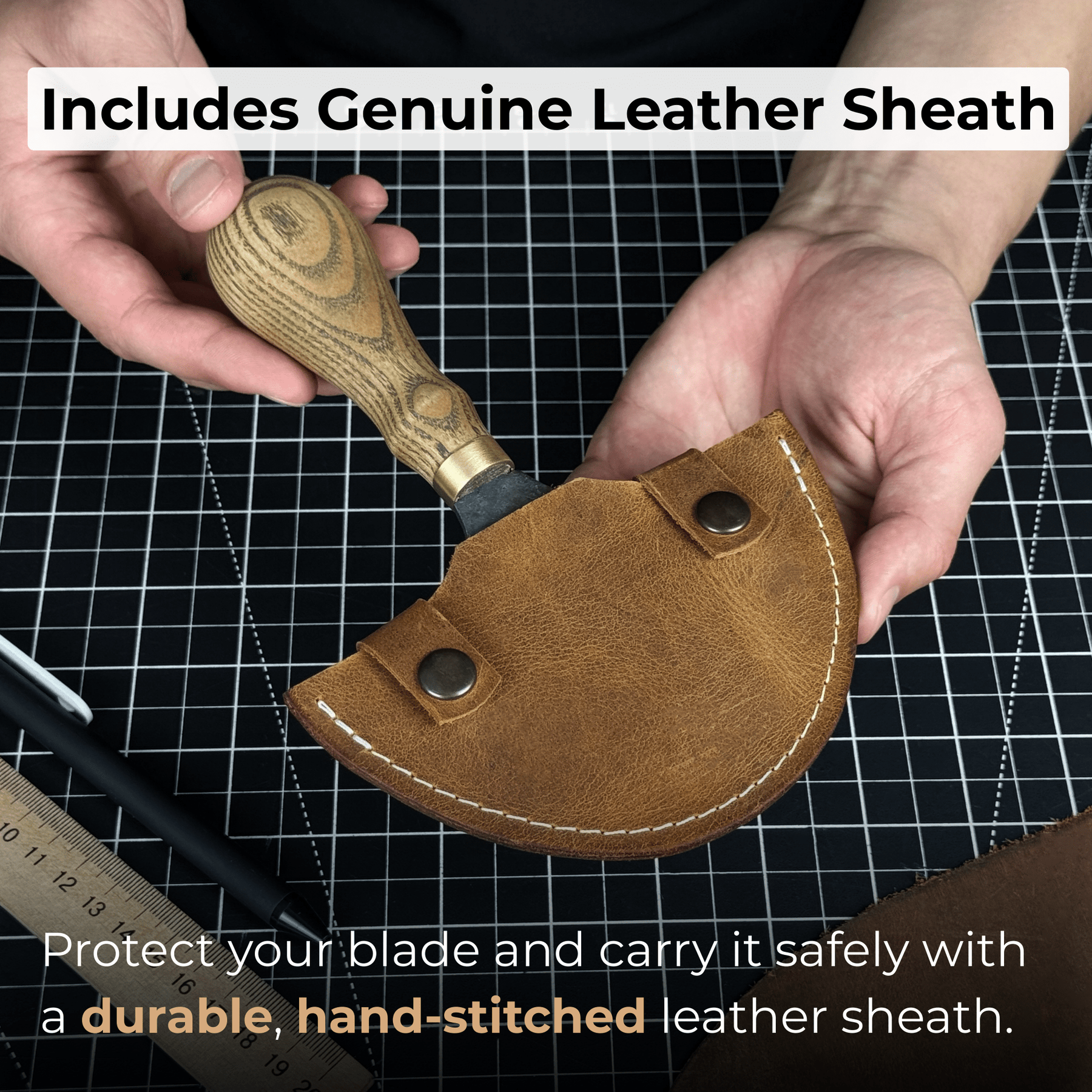 Leather Round (Half Moon) Knife, 10.5 cm (4.1 inches) detail view by Sharky Forged Steel Tools