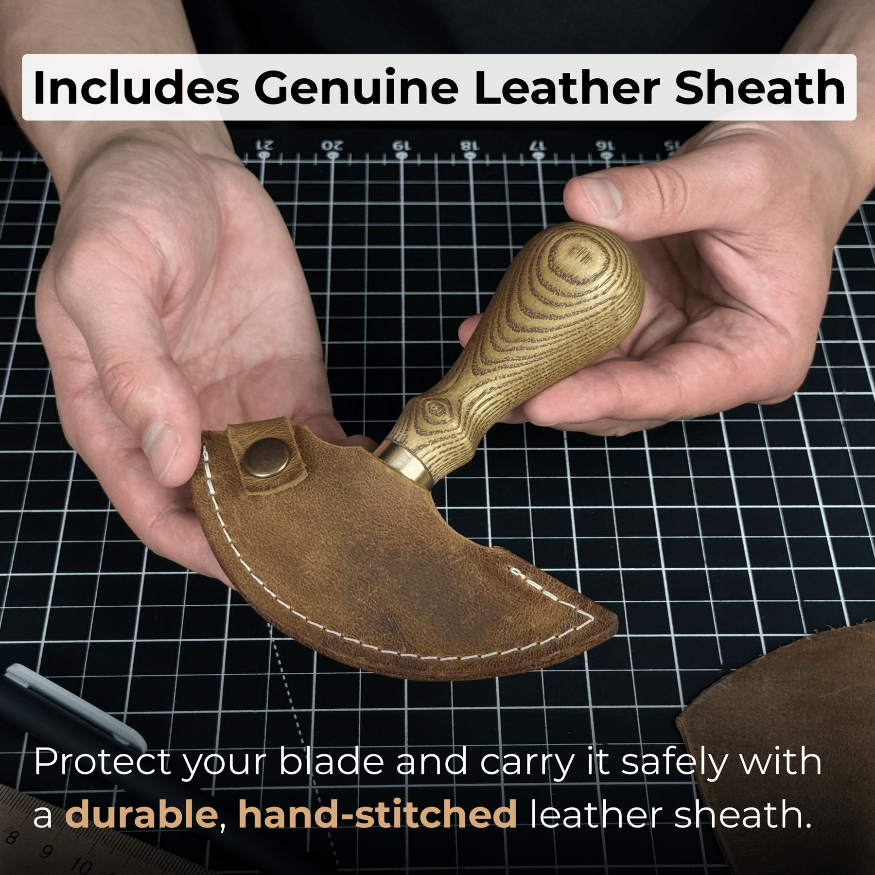 Leather Round Knife, 10 cm (3.9 inches) detail view by Sharky Forged Steel Tools