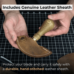 Leather Round Knife, 10 cm (3.9 inches) detail view by Sharky Forged Steel Tools
