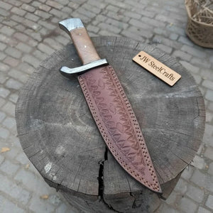 14-Inch Damascus Frontier Bowie Knife — 9-Inch Blade, Lace Wood Coffin Handle, Steel Guard & Tooled Leather Sheath by JW SteelCrafts, leather knife sheath detail photo 2