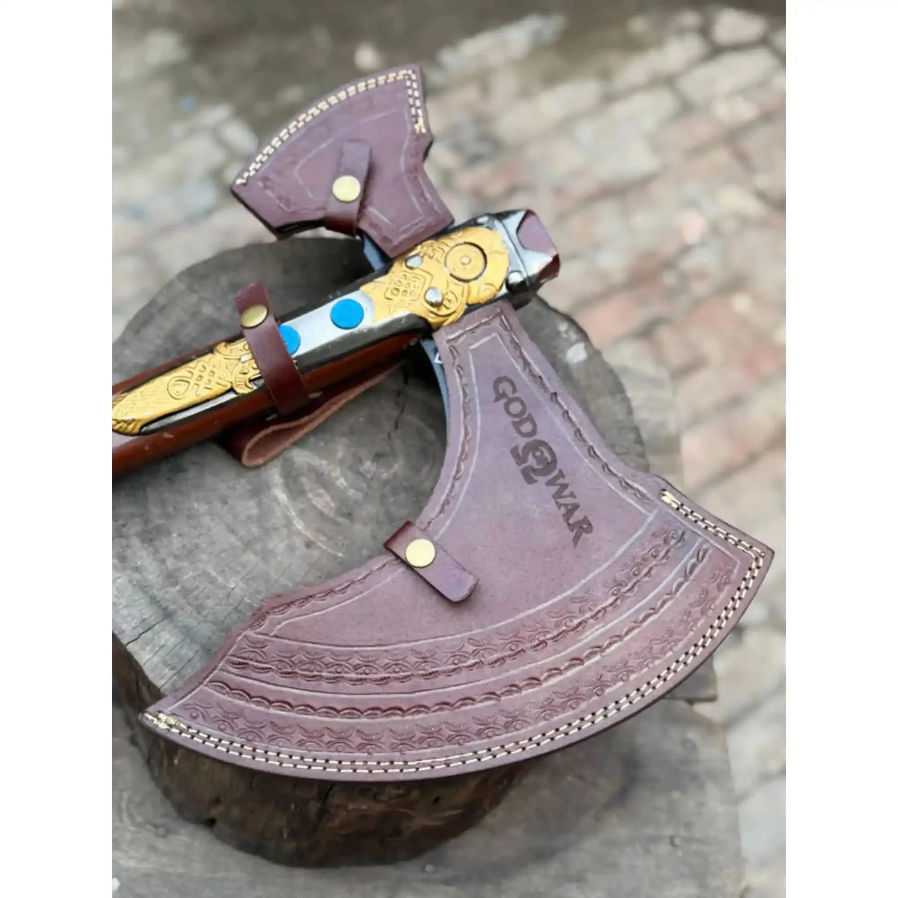 Hand Forged Viking Fantasy Double-Bit Axe with Norse Engraving, Gold Handle Fittings and Blue Gemstone Inlays by JW SteelCrafts, handmade jewelry detail photo 9
