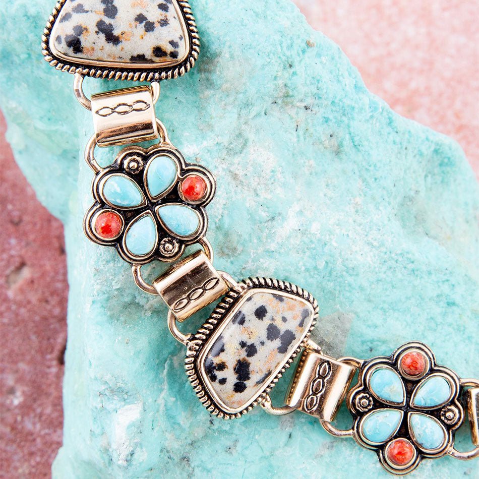 Legacy Blue Turquoise and Dalmatian Jasper Golden Bracelet detail view by Barse Jewelry