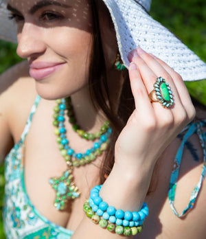 Legacy Lime Green and Blue Turquoise Golden Statement Ring detail view by Barse Jewelry