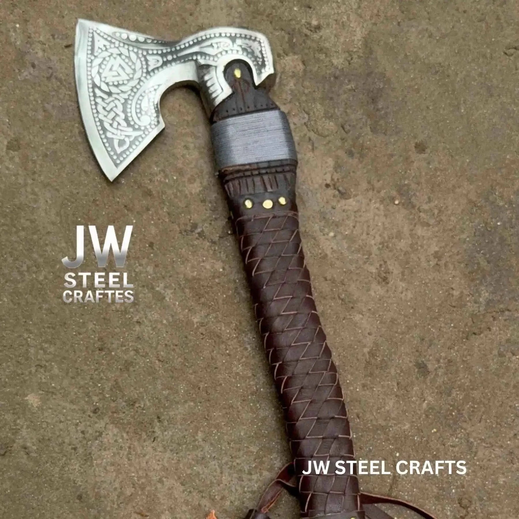 Viking Style Engraved Axe | Handcrafted Leather Wrapped Handle by JW SteelCrafts, handmade axe detail photo 17
