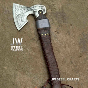 Viking Style Engraved Axe | Handcrafted Leather Wrapped Handle by JW SteelCrafts, handmade axe detail photo 17