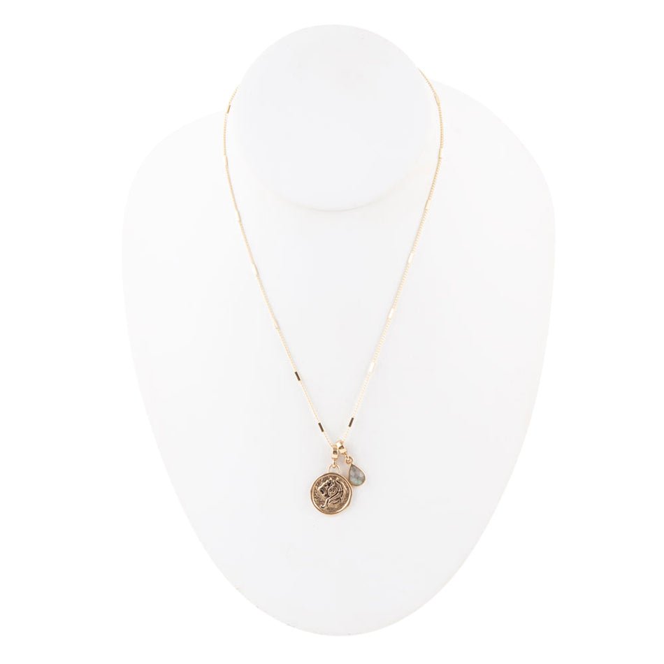 Leo - Zodiac Gray Labradorite Golden Charm Necklace detail view by Barse Jewelry