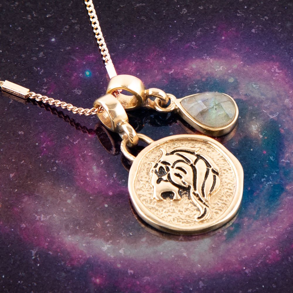 Leo - Zodiac Gray Labradorite Golden Charm Necklace detail view by Barse Jewelry
