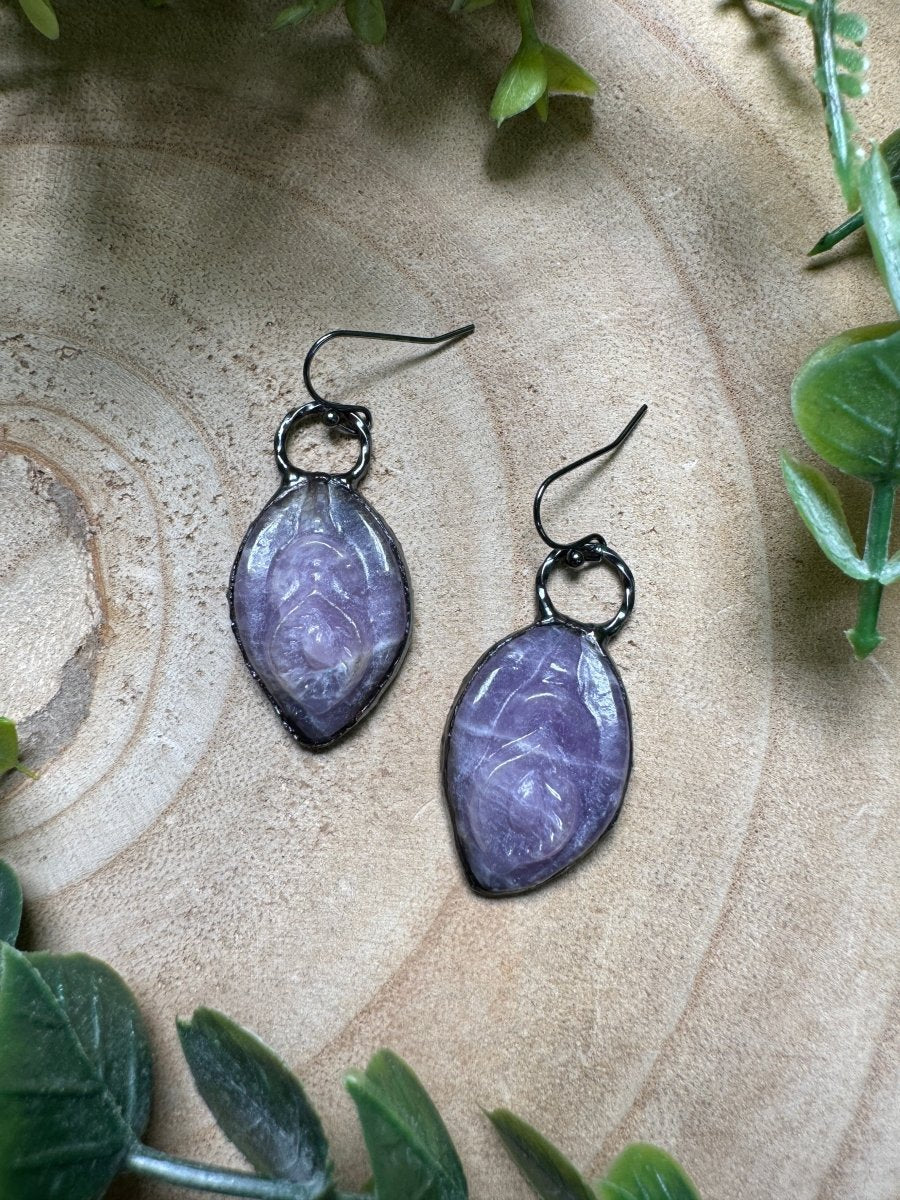Lepidolite Yoni Earrings detail view by Copper Ashes