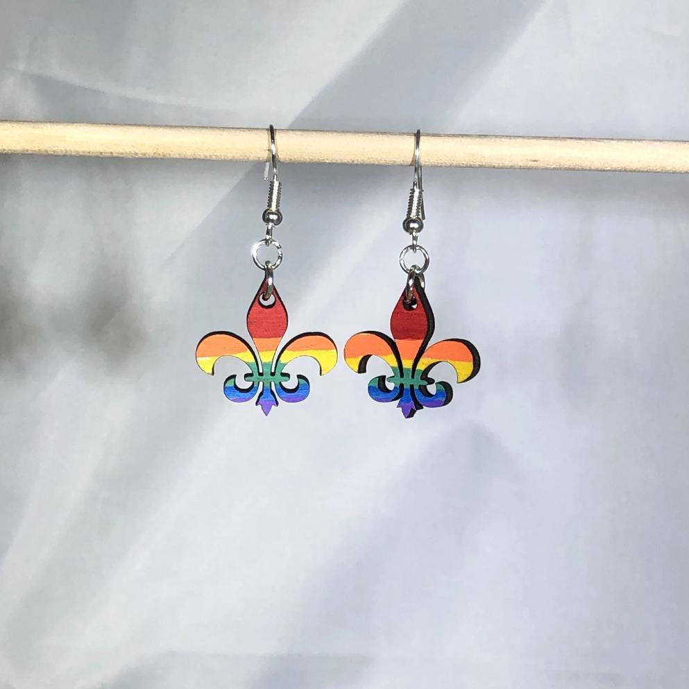 Louisiana Fleur-de-lis Pride Wooden Dangle Earrings | LGBTQ Jewelry detail view by Cate's Concepts, LLC