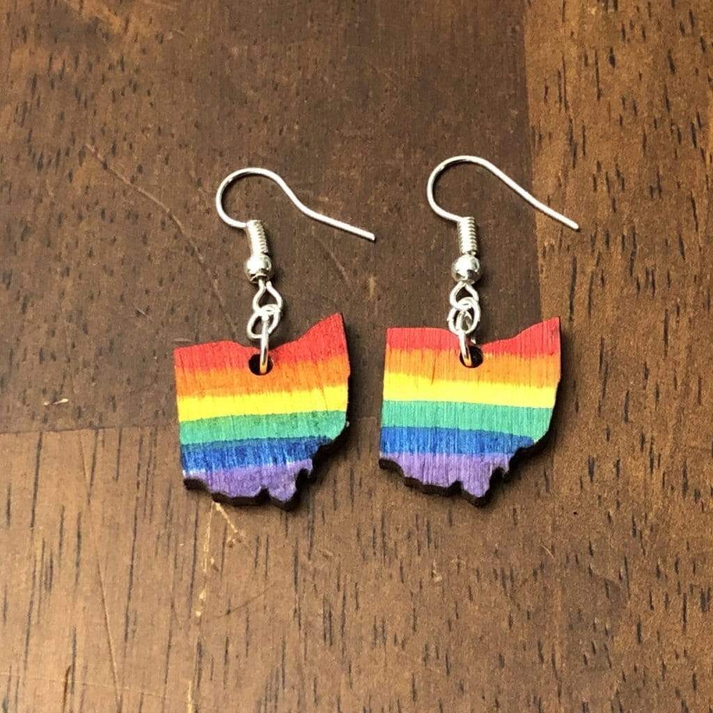 Ohio Pride Wooden Dangle Earrings | LGBTQ State Jewelry detail view by Cate's Concepts, LLC