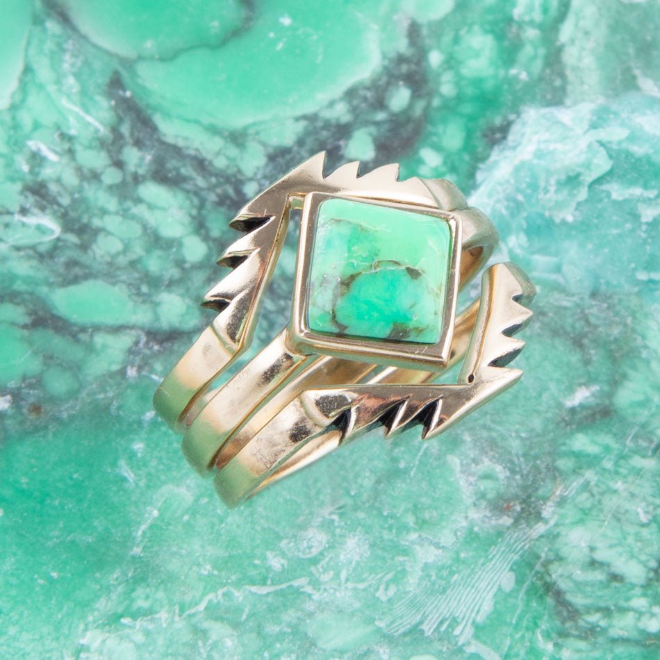 Aztec Lime Green Turquoise Golden Ring Set detail view by Barse Jewelry