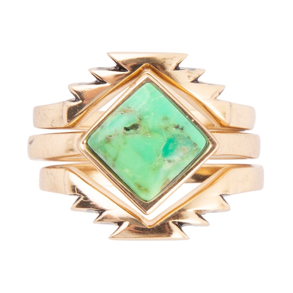 Aztec Lime Green Turquoise Golden Ring Set detail view by Barse Jewelry