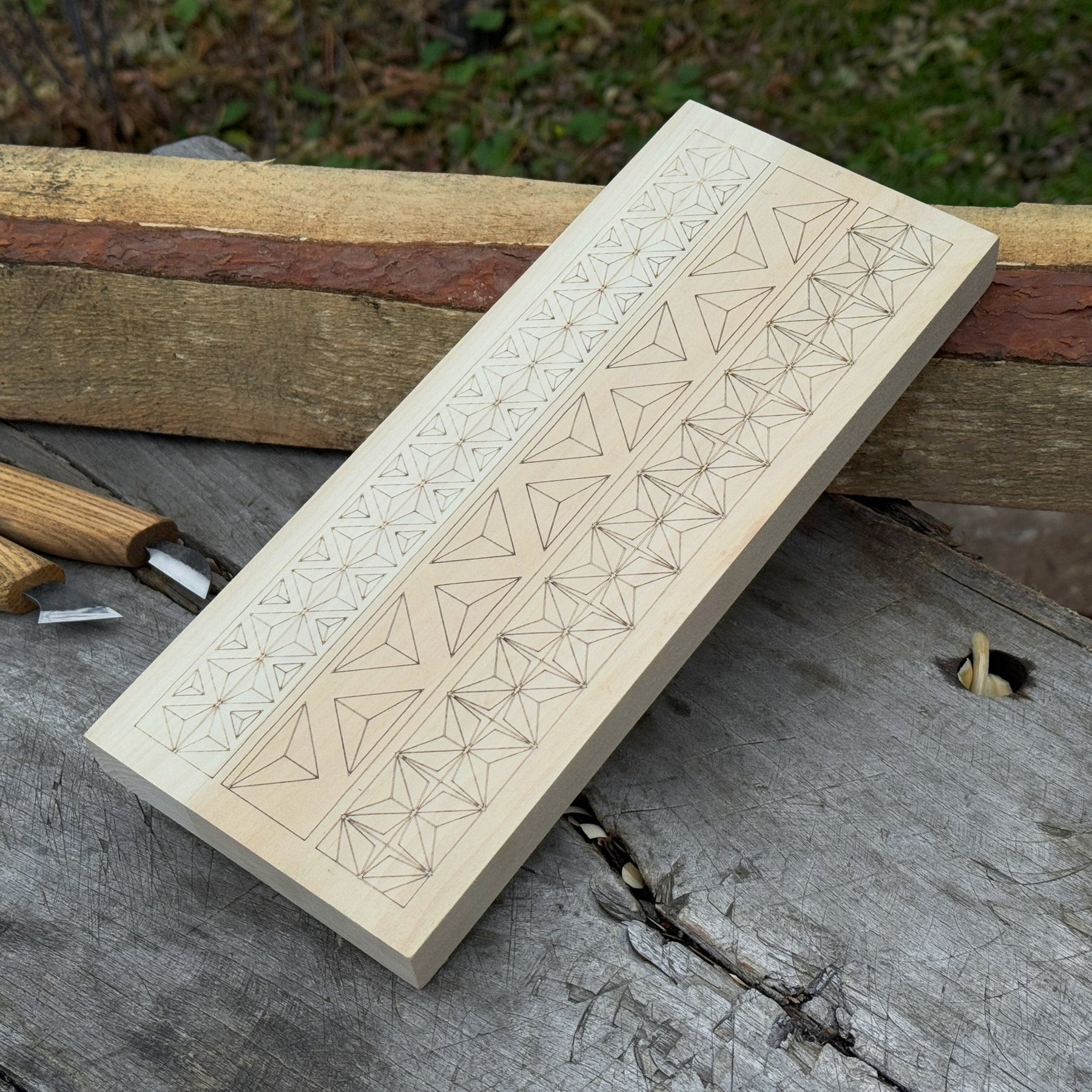 Linden Wood Carving Board with Pre-Drawn Pattern detail view by Sharky Forged Steel Tools