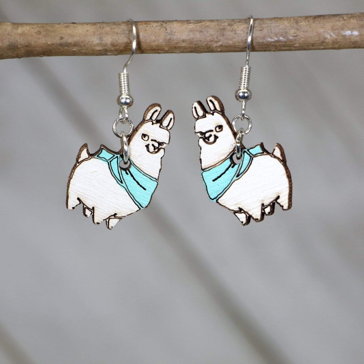 Llama with Scarf Wooden Earrings | Cute Winter Animal Jewelry by Cate's Concepts, LLC, handmade jewelry detail photo 2
