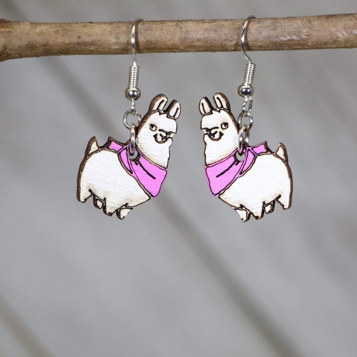 Llama with Scarf Wooden Earrings | Cute Winter Animal Jewelry by Cate's Concepts, LLC, handmade jewelry detail photo 3