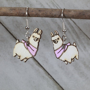 Llama with Scarf Wooden Earrings | Cute Winter Animal Jewelry by Cate's Concepts, LLC, handmade jewelry main product photo