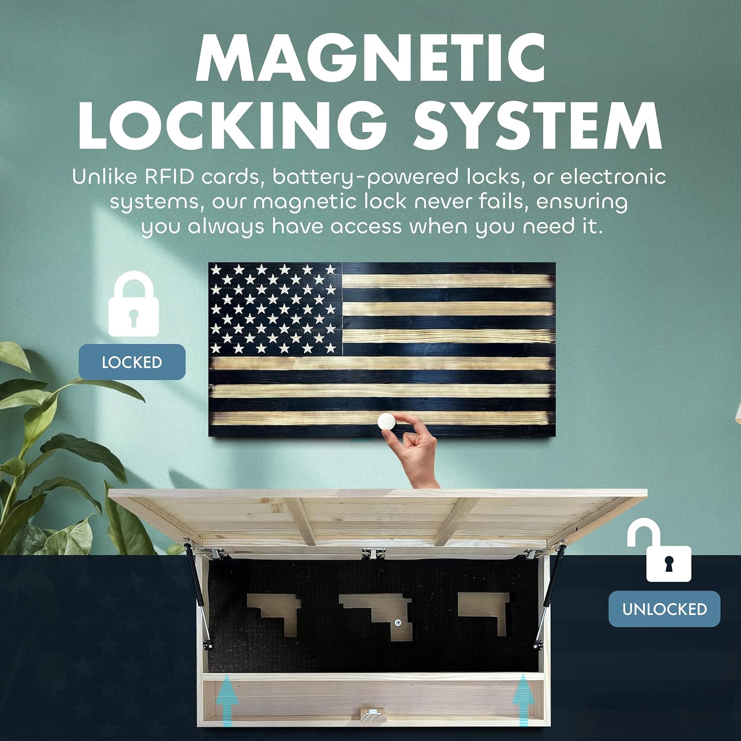 Large American Flag Gun Safe - Quick Access Hidden Gun Safe for Rifles, Shotguns, & Handguns - Gun Concealment Furniture with Magnetic Lock - Gun Self by Bellewood Designs