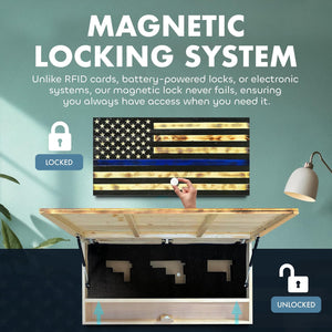 Large Thin Blue Line American Flag Gun Safe - Quick Access Hidden Gun Safe for Rifles, Shotguns, & Handguns - Gun Concealment Furniture with Magnetic by Bellewood Designs