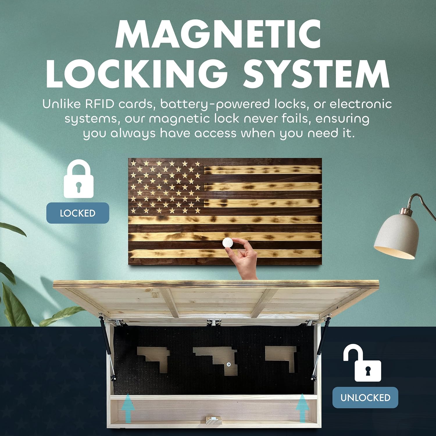 Large American Flag Gun Safe - Quick Access Hidden Gun Safe for Rifles, Shotguns, & Handguns - Gun Concealment Furniture with Magnetic Lock - Gun Self by Bellewood Designs