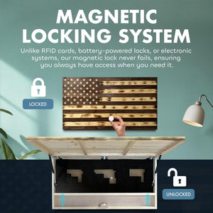 Large American Flag Gun Safe - Quick Access Hidden Gun Safe for Rifles, Shotguns, & Handguns - Gun Concealment Furniture with Magnetic Lock - Gun Self by Bellewood Designs