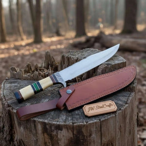 Frontier Jim Bowie Knife with 9 Inch Damascus Clip Point by JW SteelCrafts, Damascus knife main product photo