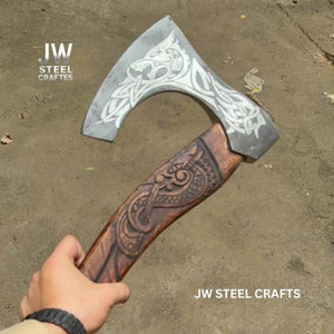 Hand-Engraved Viking Bearded Axe with Carved Hardwood Handle – Damascus Steel Blade | JW SteelCrafts by JW SteelCrafts, Southern lifestyle apparel detail photo 3