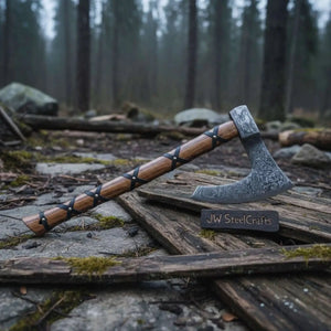 Handmade Damascus Skeggøx Bearded Axe with Leather Wrap and Sheath by JW SteelCrafts, leather knife sheath detail photo 5