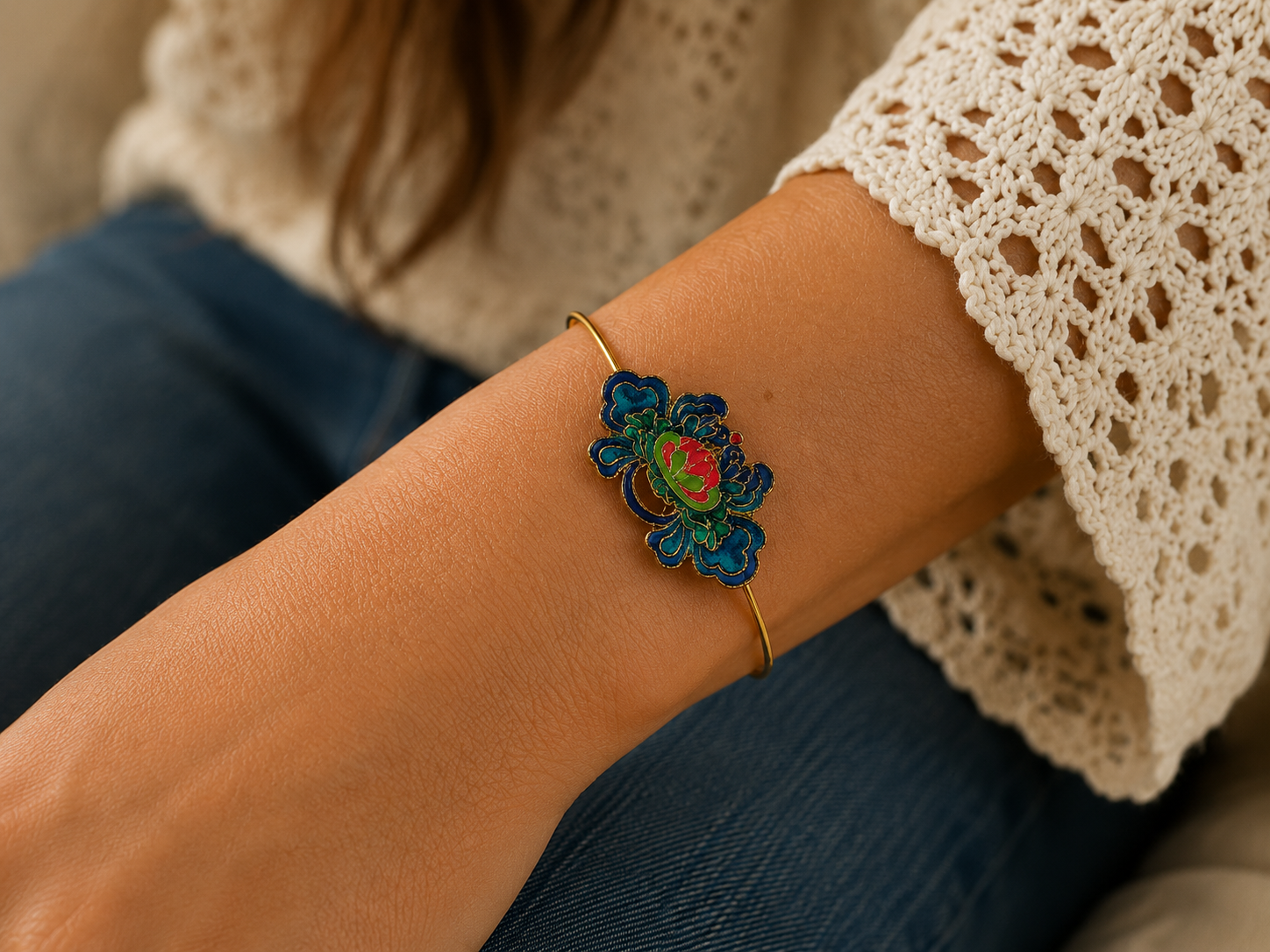 Enamel Lotus Flower Guitar String Bracelet by N Harmony Jewelry, handmade jewelry detail photo 4