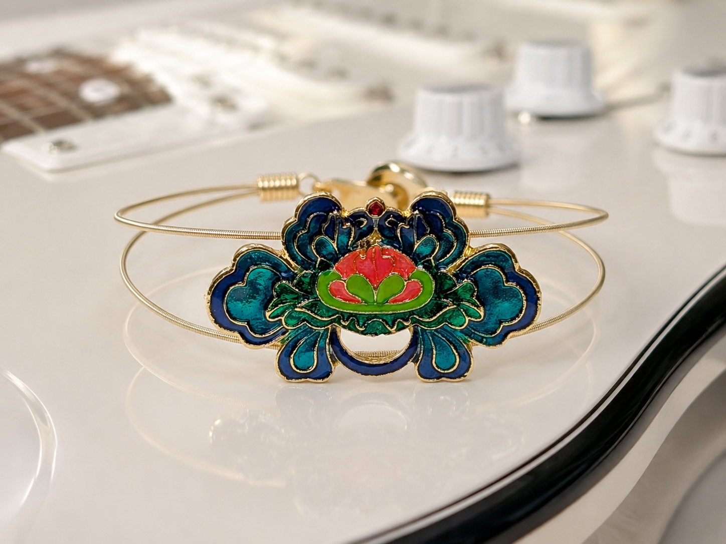 Enamel Lotus Flower Guitar String Bracelet by N Harmony Jewelry, handmade jewelry detail photo 2