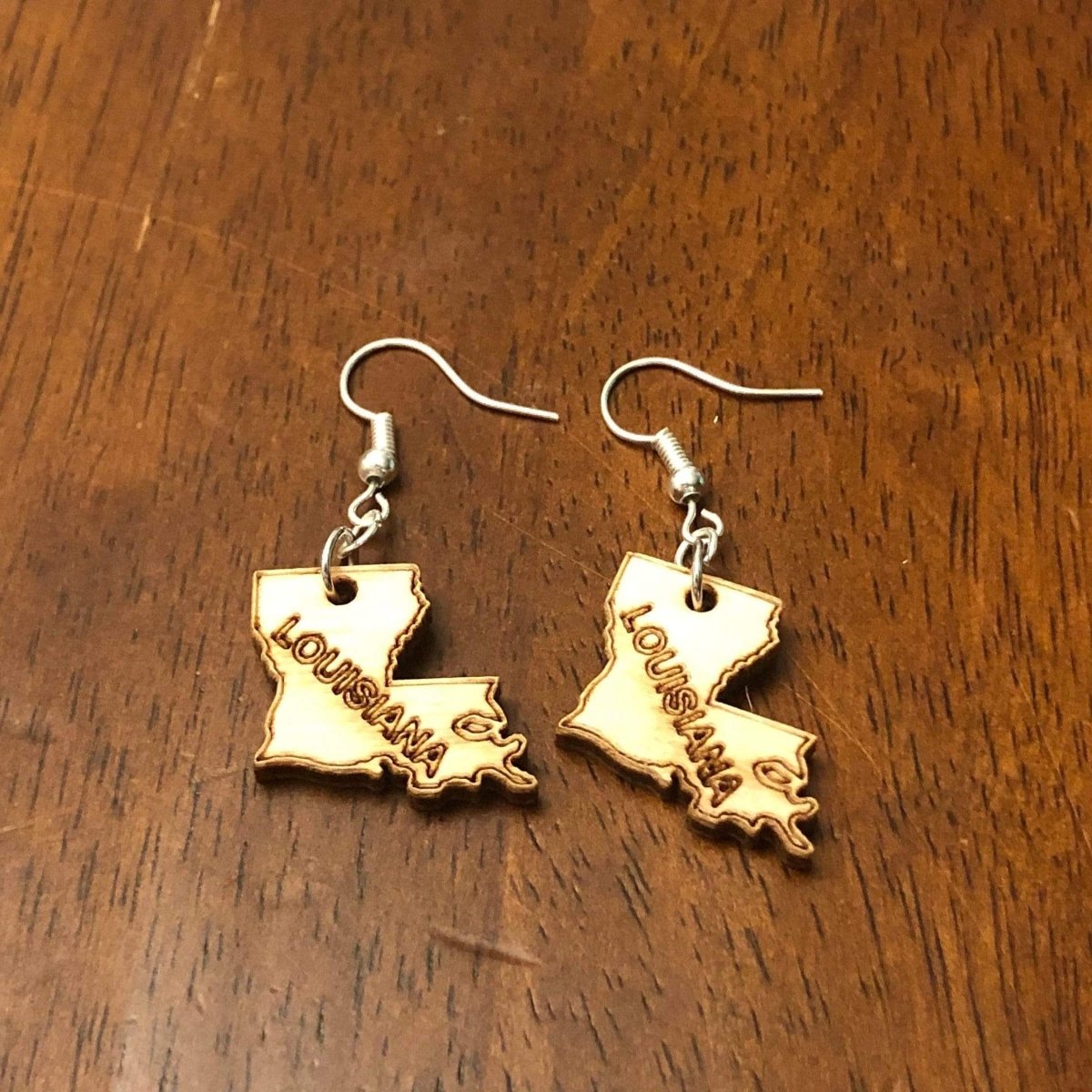 Louisiana State Wooden Dangle Earrings | State Pride Jewelry detail view by Cate's Concepts, LLC