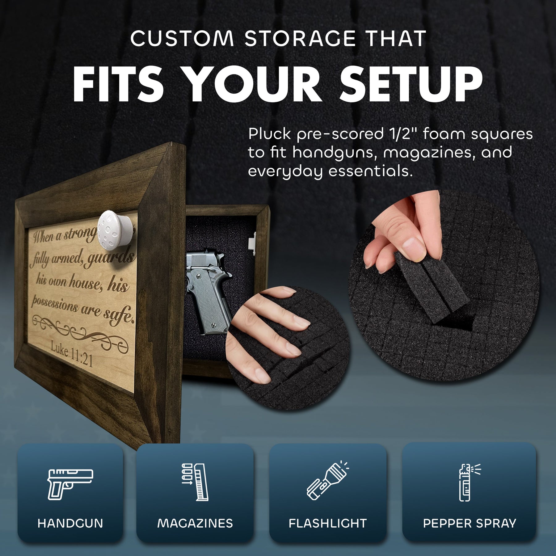 Luke 11:21 Wall Gun Safe - Religious Hidden Gun Safe - Handcrafted Concealment Furniture for Guns - Quick Access Firearm