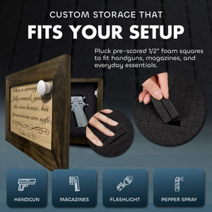 Luke 11:21 Wall Gun Safe - Religious Hidden Gun Safe - Handcrafted Concealment Furniture for Guns - Quick Access Firearm