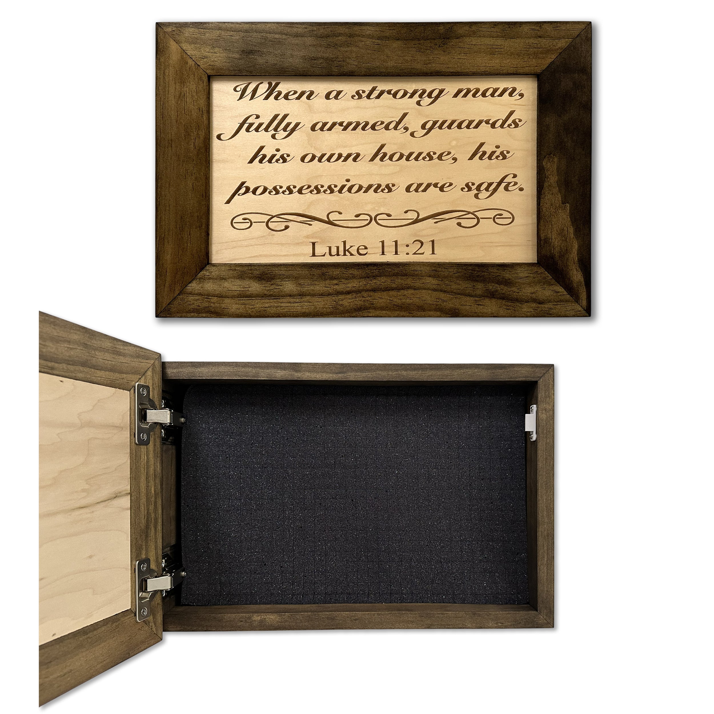 Luke 11:21 Wall Gun Safe - Religious Hidden Gun Safe - Handcrafted Concealment Furniture for Guns - Quick Access Firearm