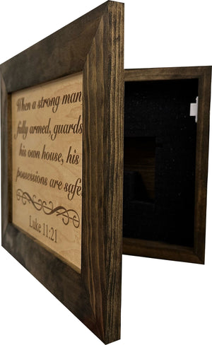 Hidden Gun Safe Recessed In Wall With Luke 11:21 Bible Verse Decoration - Recess In The Wall or Mount On The Wall by Bellewood Designs by Bellewood Designs, Southern home decor