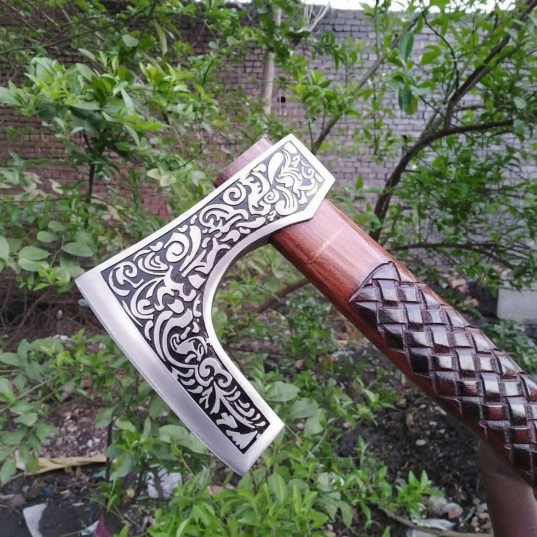 Traditional Viking Skeggøx Bearded Axe – Etched Steel Blade with Sculpted Wood Shaft by JW SteelCrafts, Southern lifestyle apparel main product photo