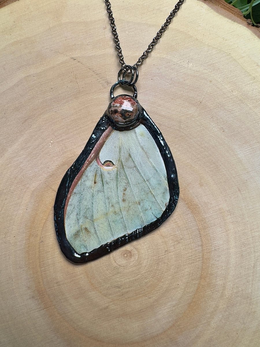 Luna Moth Wing and Leopard Skin Jasper Necklace by Copper Ashes