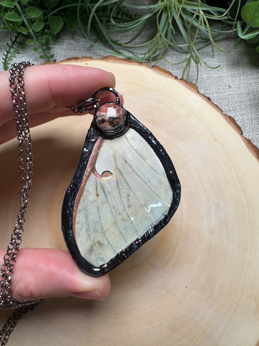 Luna Moth Wing and Leopard Skin Jasper Necklace detail view by Copper Ashes