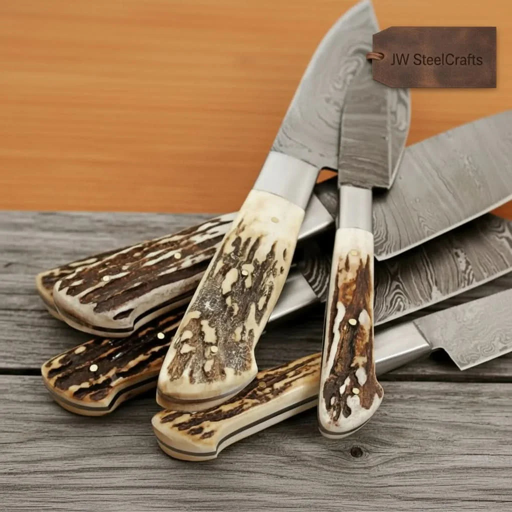 7-Piece Damascus Kitchen Knife Set — Synthetic Stag Horn Handles, Brass Bolsters & Full Tang Forged Blades by JW SteelCrafts, Damascus knife detail photo 3