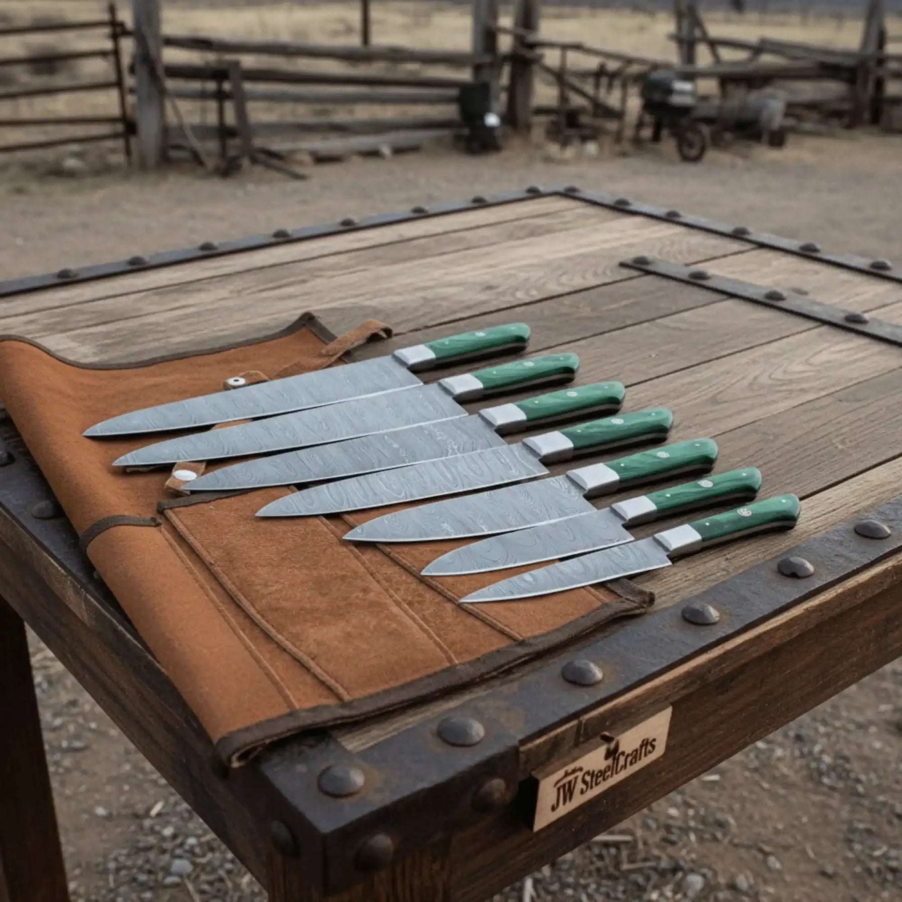 6-Piece Handmade Damascus Steel Kitchen Knife Set, Green Wood Handle, Professional Chef Culinary by JW SteelCrafts, Damascus knife detail photo 5