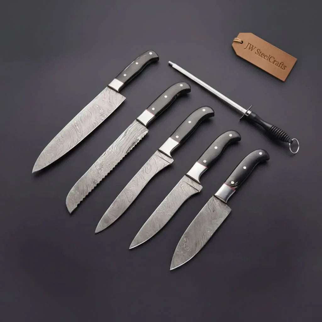 5-Piece Damascus Kitchen Knife Set — 9" Uniform Blades, Black Handles with Steel Bolsters, Leather Roll & Honing Rod by JW SteelCrafts, Damascus knife detail photo 3