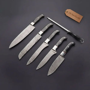 5-Piece Damascus Kitchen Knife Set — 9" Uniform Blades, Black Handles with Steel Bolsters, Leather Roll & Honing Rod by JW SteelCrafts, Damascus knife detail photo 3