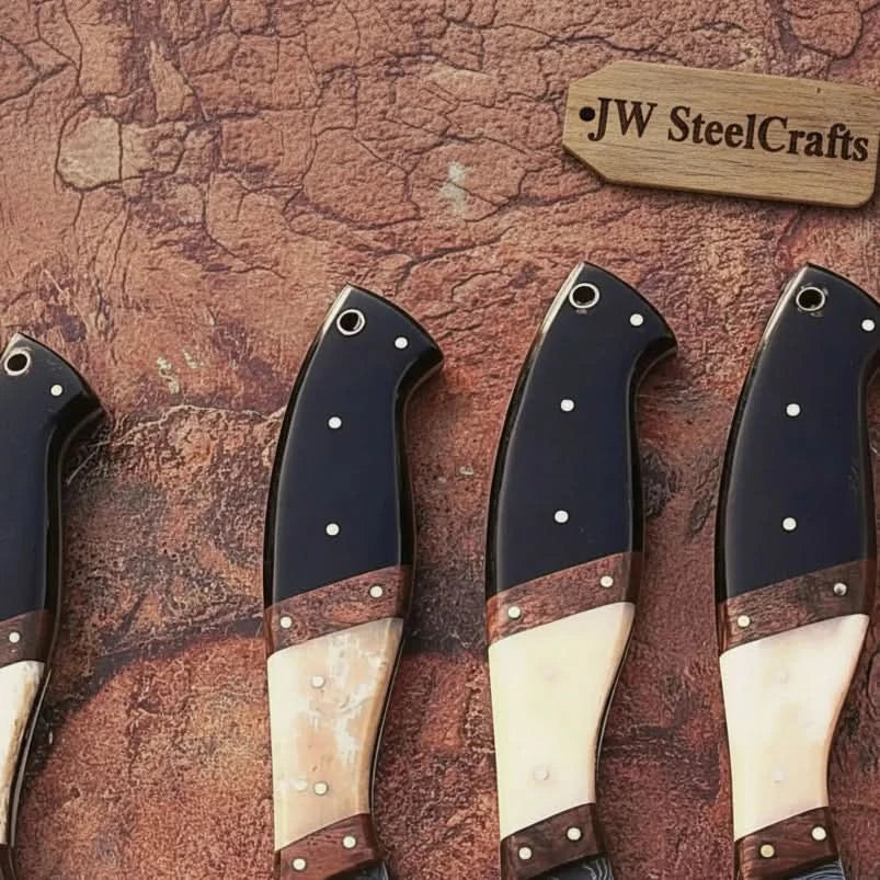 5 piece Handmade Damascus Kitchen Knife Set with Black Resin White Bone and Rosewood Handles by JW SteelCrafts, Damascus knife detail photo 3