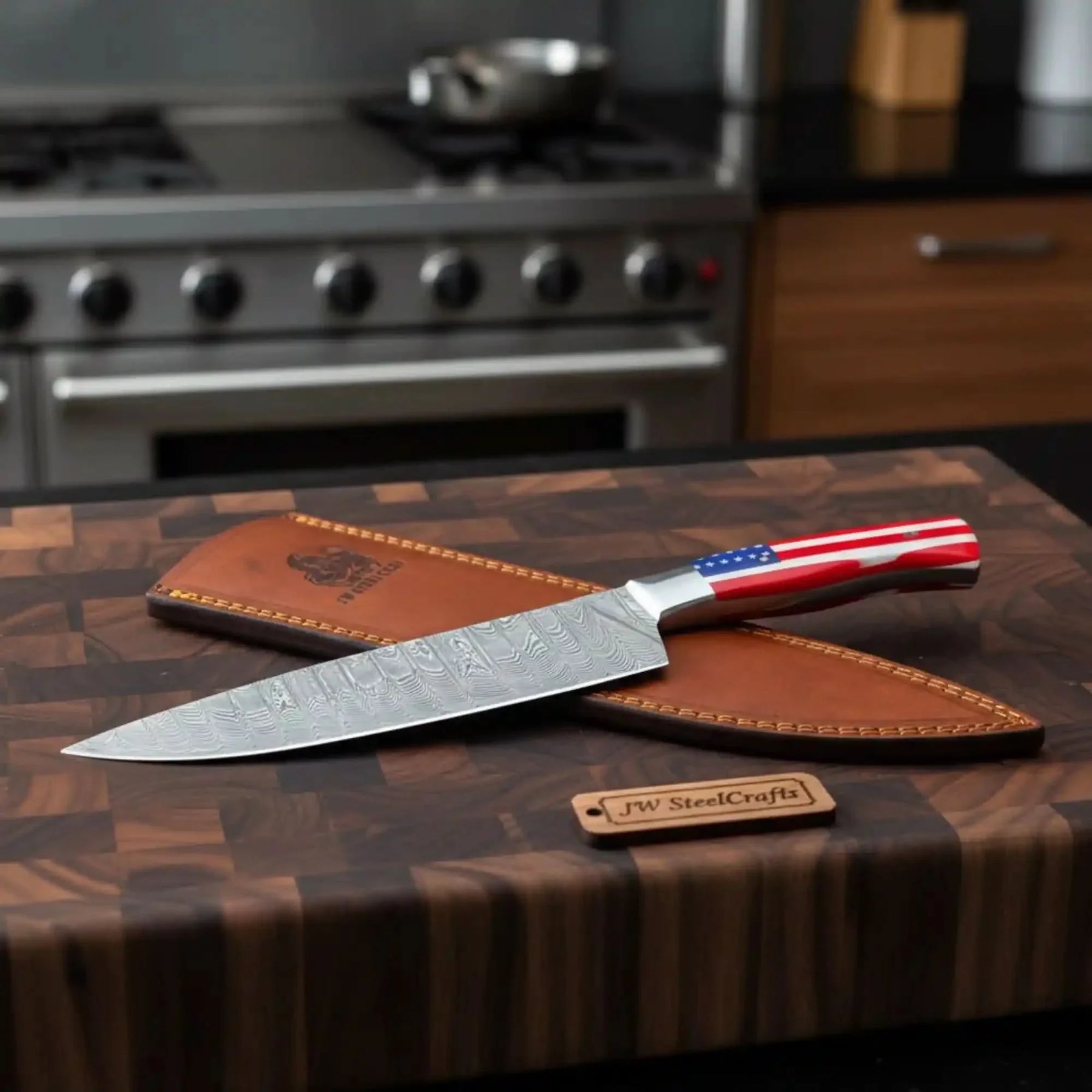 Damascus Chef Knife USA Flag Resin Handle | Hand-Forged Performance Blade detail view by JW SteelCrafts