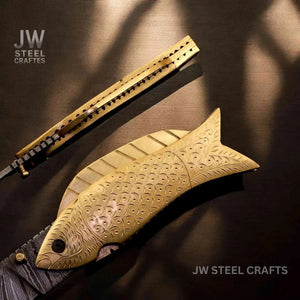 Handmade Damascus Steel Folding Knife with Engraved Brass Fish Handle by JW SteelCrafts, Damascus knife detail photo 2
