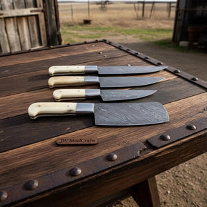 4-Piece Damascus Kitchen Knife Set — Chef, Slicer, Utility & Cleaver with White Camel Bone Handles & Steel Bolsters | JW Steel Crafts by JW SteelCrafts, Damascus knife detail