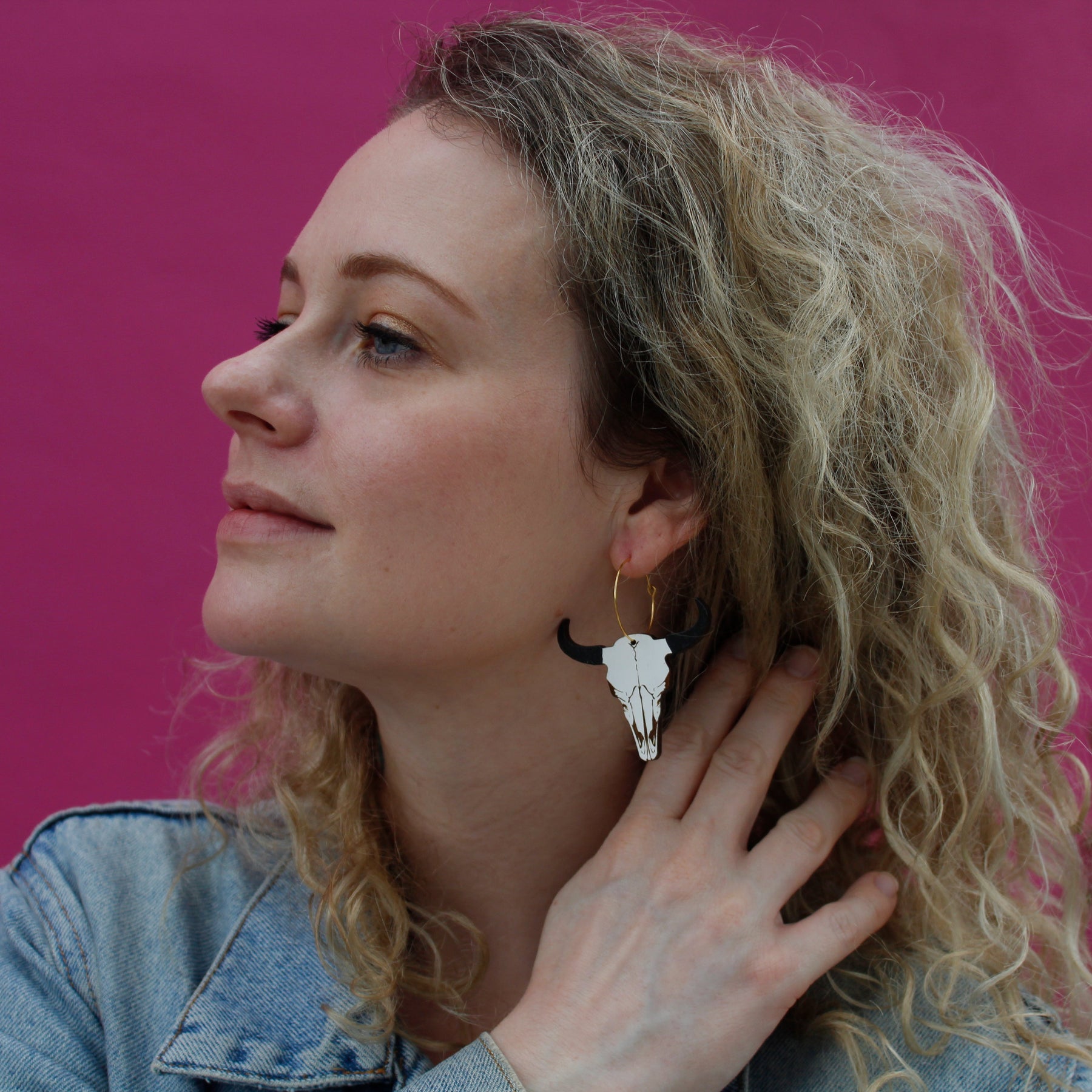 Additional view of Bison Skull Hoop Earrings hand painted on lightweight wood by LE CHIC MIAMI